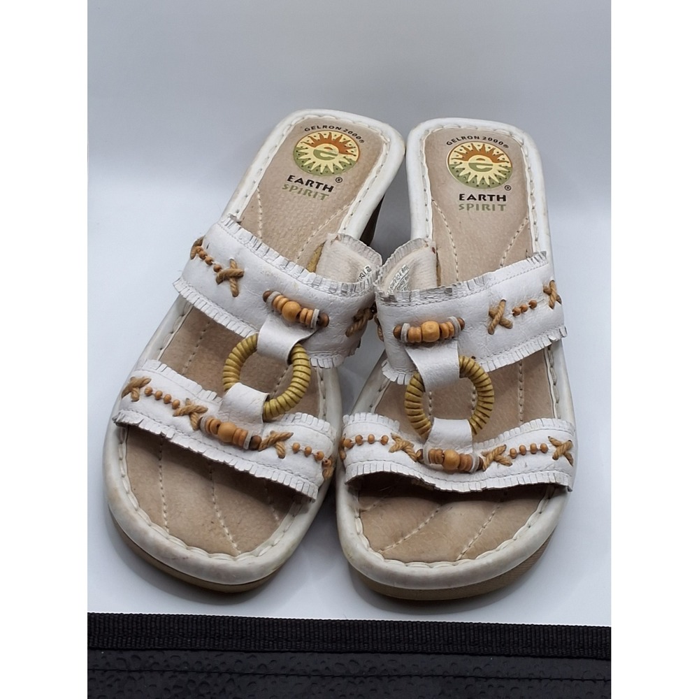 Earth Spirit Magnolia White Leather Wedge Sandals Boho Beaded Slides Womens 8